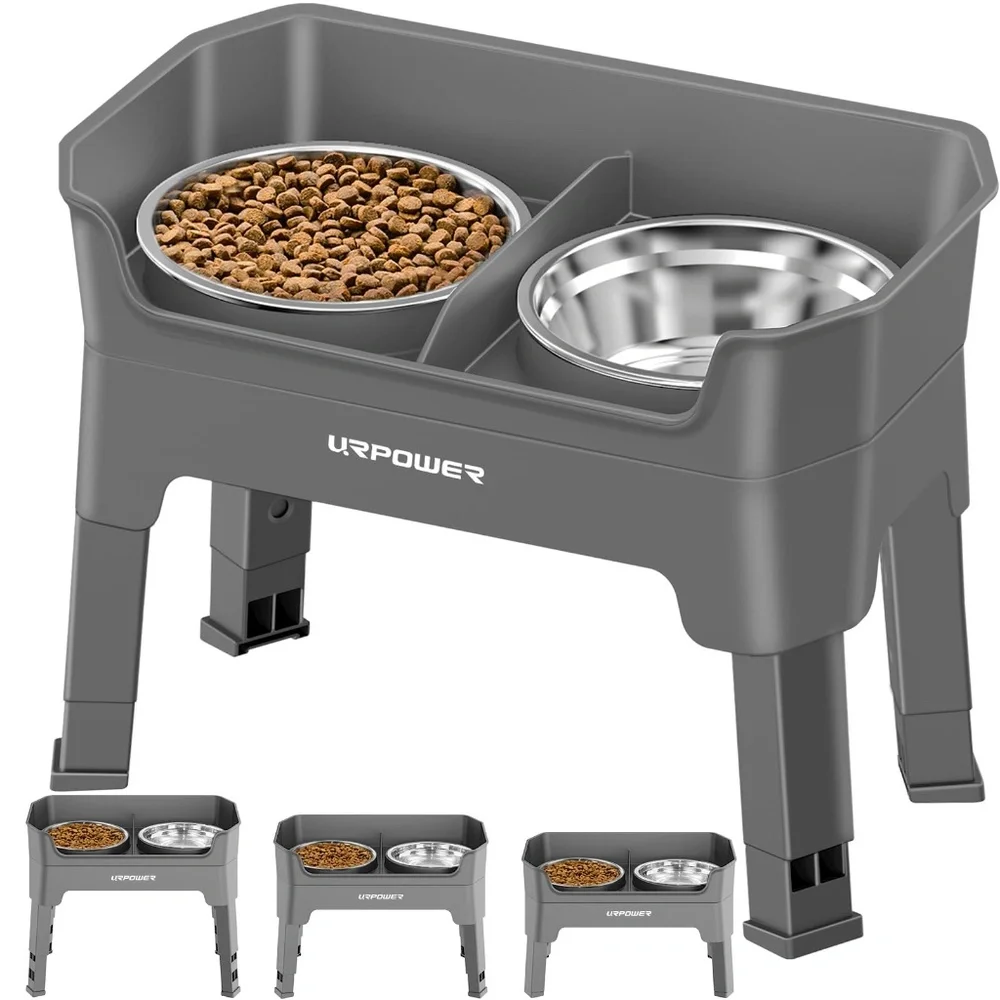 3-In-1 Elevated Dog Bowls - Mess Proof Double Deck 4 Height Adjustable Raised